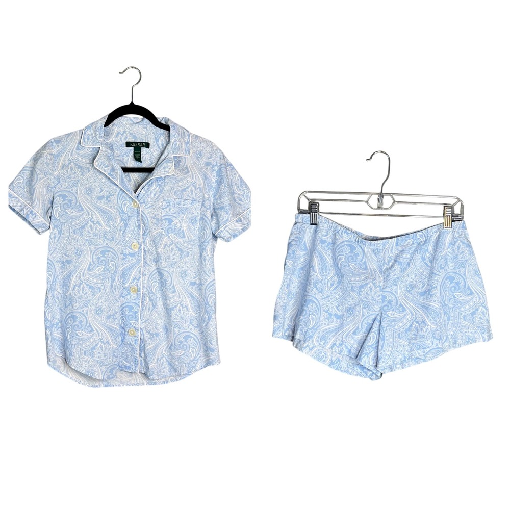 Lauren Ralph Lauren Pajama Set Sz S Blue White Paisley Cotton Shorts Button Top